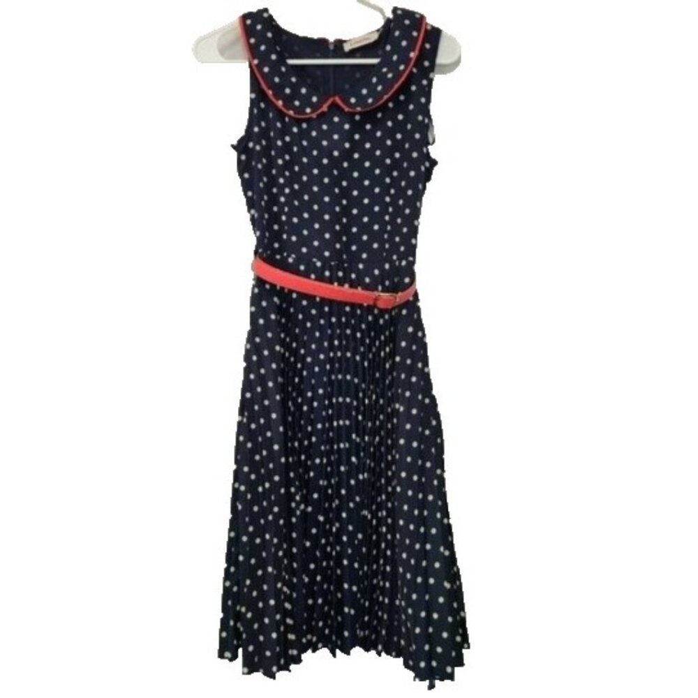 Louche Womens Fit &‎ Flare Midi Dress Dress XS Navy Polka Dot Retro Coquette